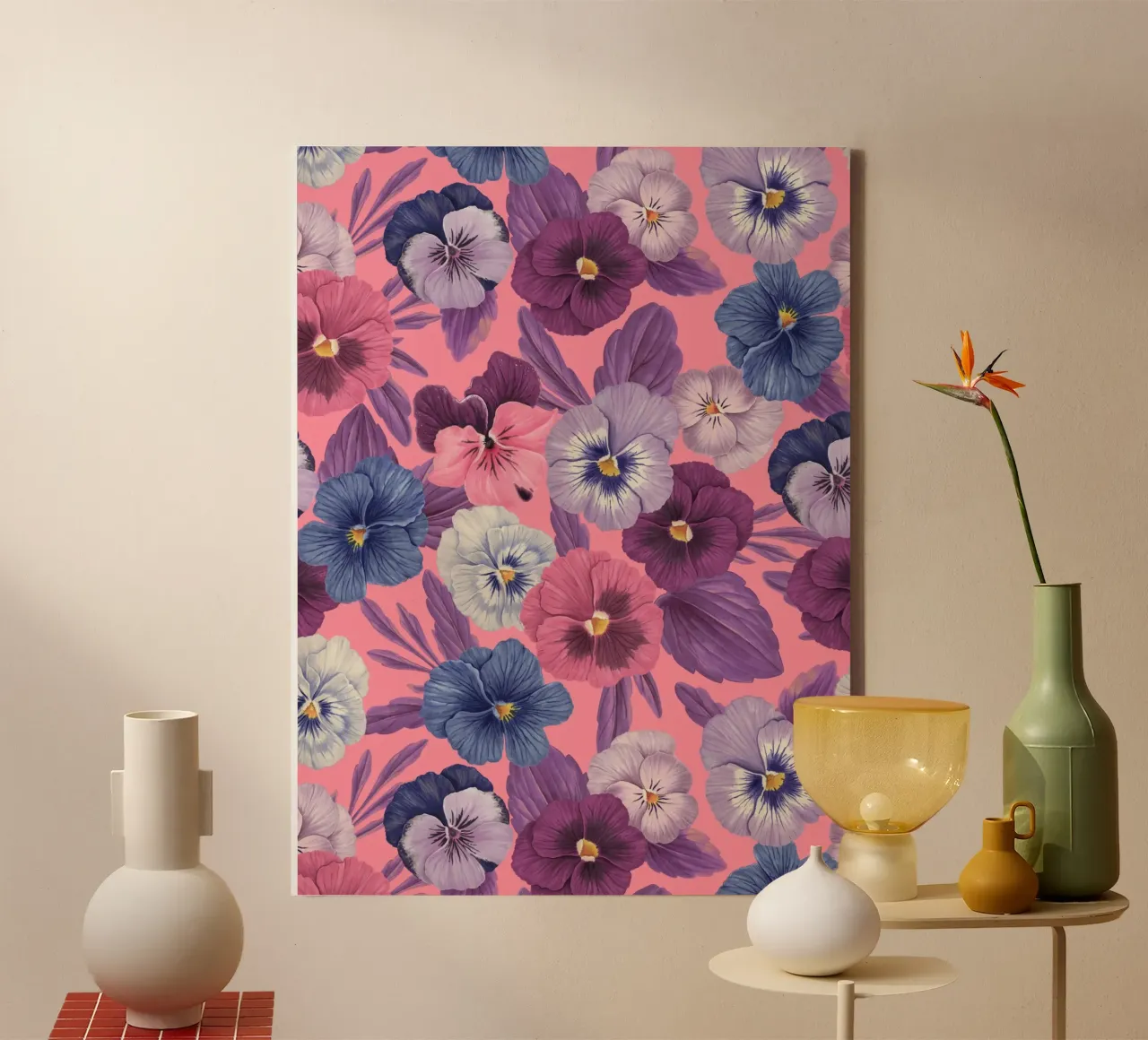 Kleurrijke viooltjes op zuurstokroze canvas met Baklijst van Painted Nature
