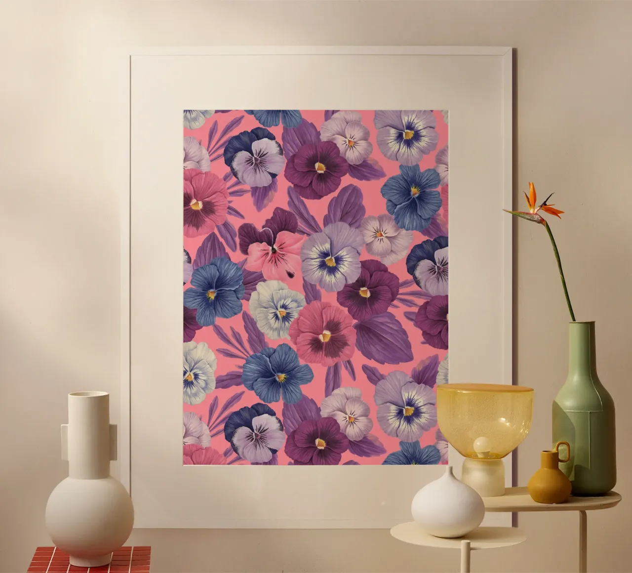 Colorful pansies on candy pink poster with aluminum frame by Painted Nature