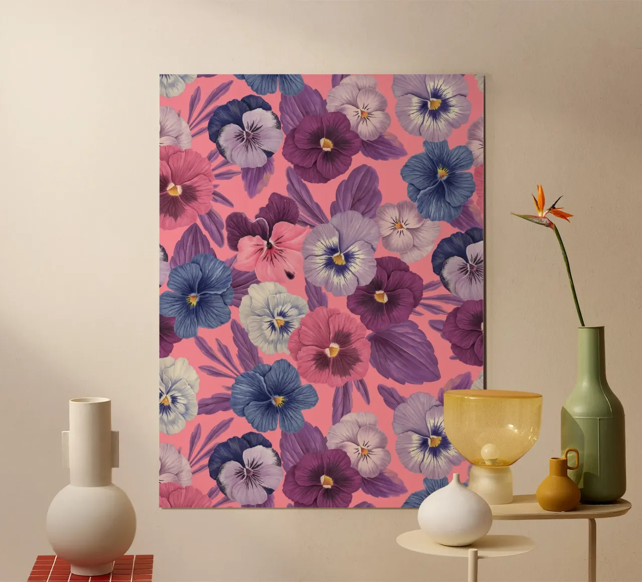 Colorful pansies on candy pink poster with aluminum frame by Painted Nature