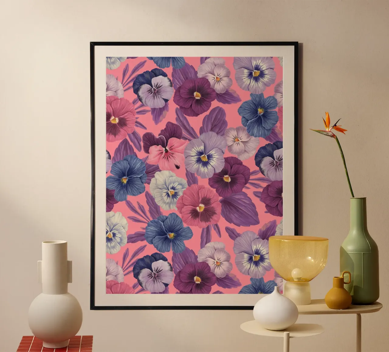 Colorful pansies on candy pink poster with aluminum frame by Painted Nature