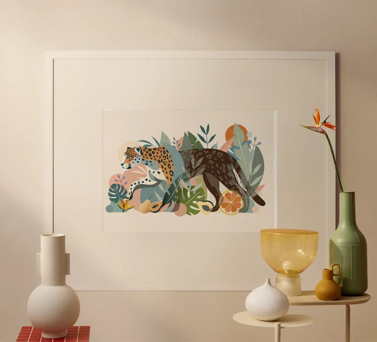 Giaguaro nella giungla tropicale - disegno a mezz'ombra poster con telaio in legno da namosh