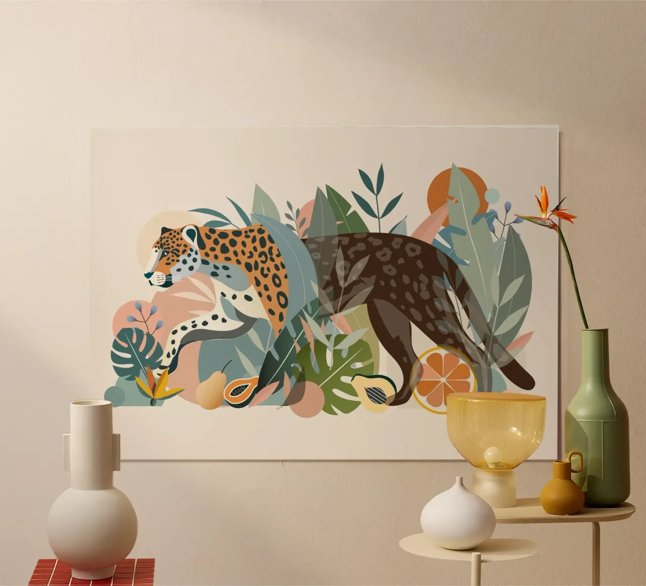 Giaguaro nella giungla tropicale - disegno a mezz'ombra poster con telaio in legno da namosh