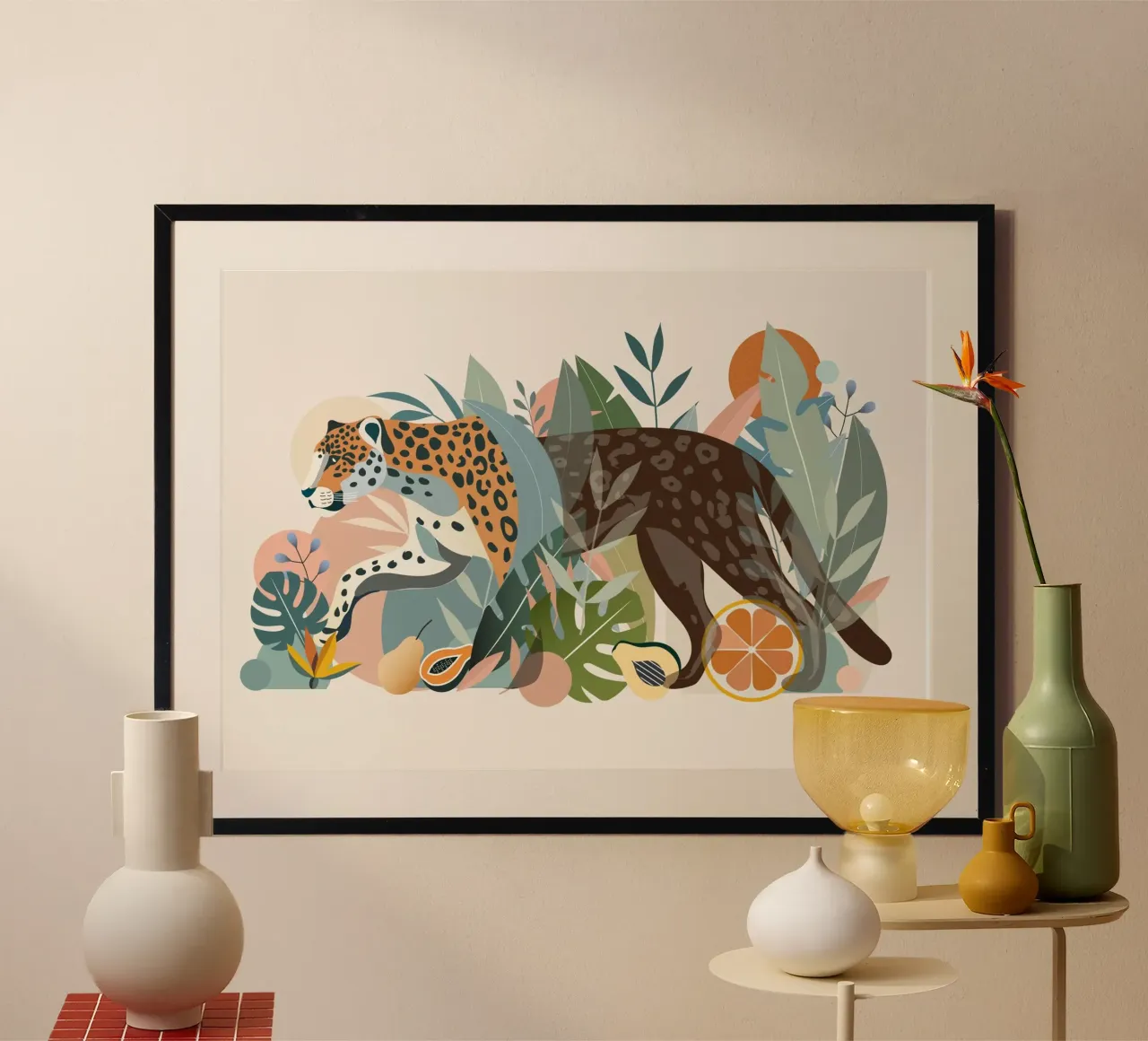 Giaguaro nella giungla tropicale - disegno a mezz'ombra poster con telaio in legno da namosh