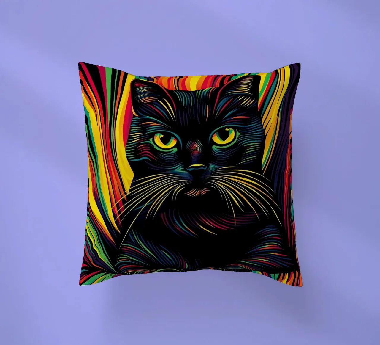 Psychedelic cat with colourful stripe pattern decorative cushion by Autofocus