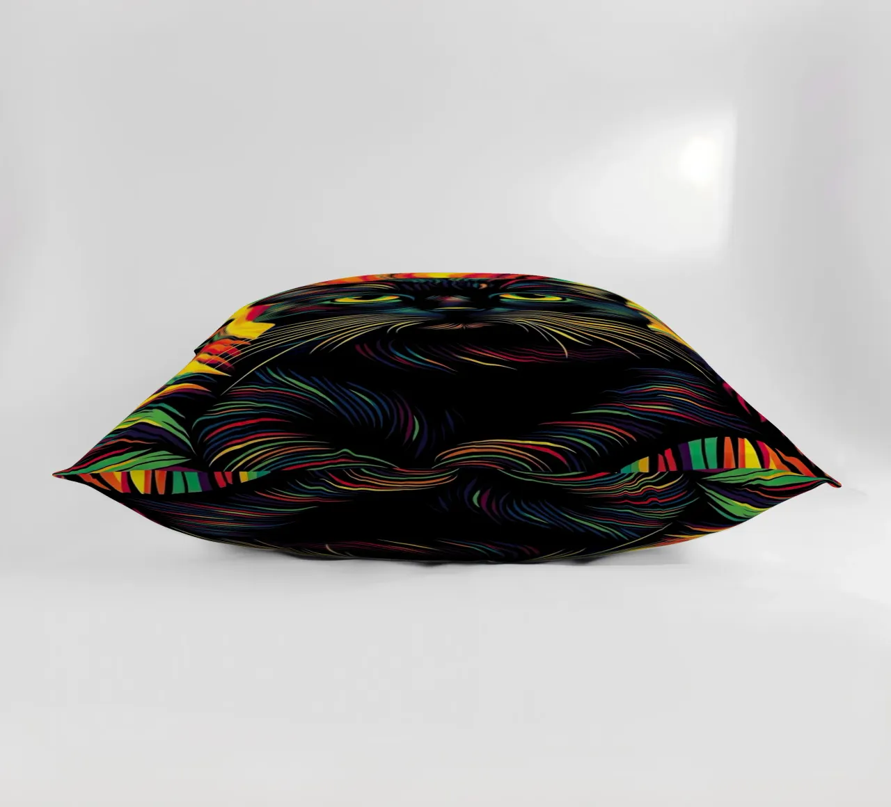 Psychedelic cat with colourful stripe pattern decorative cushion by Autofocus
