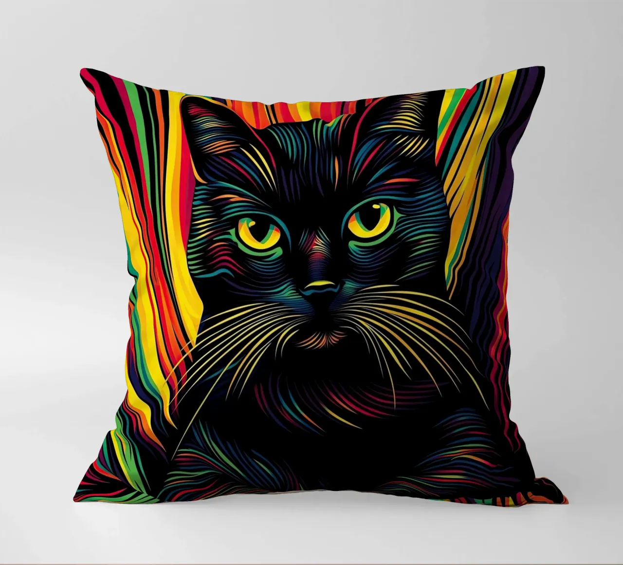 Psychedelic cat with colourful stripe pattern decorative cushion by Autofocus