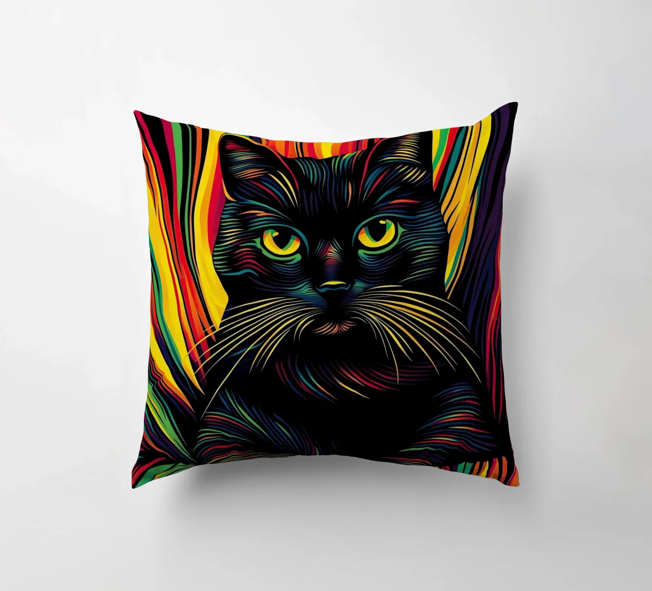 Psychedelic cat with colourful stripe pattern decorative cushion by Autofocus