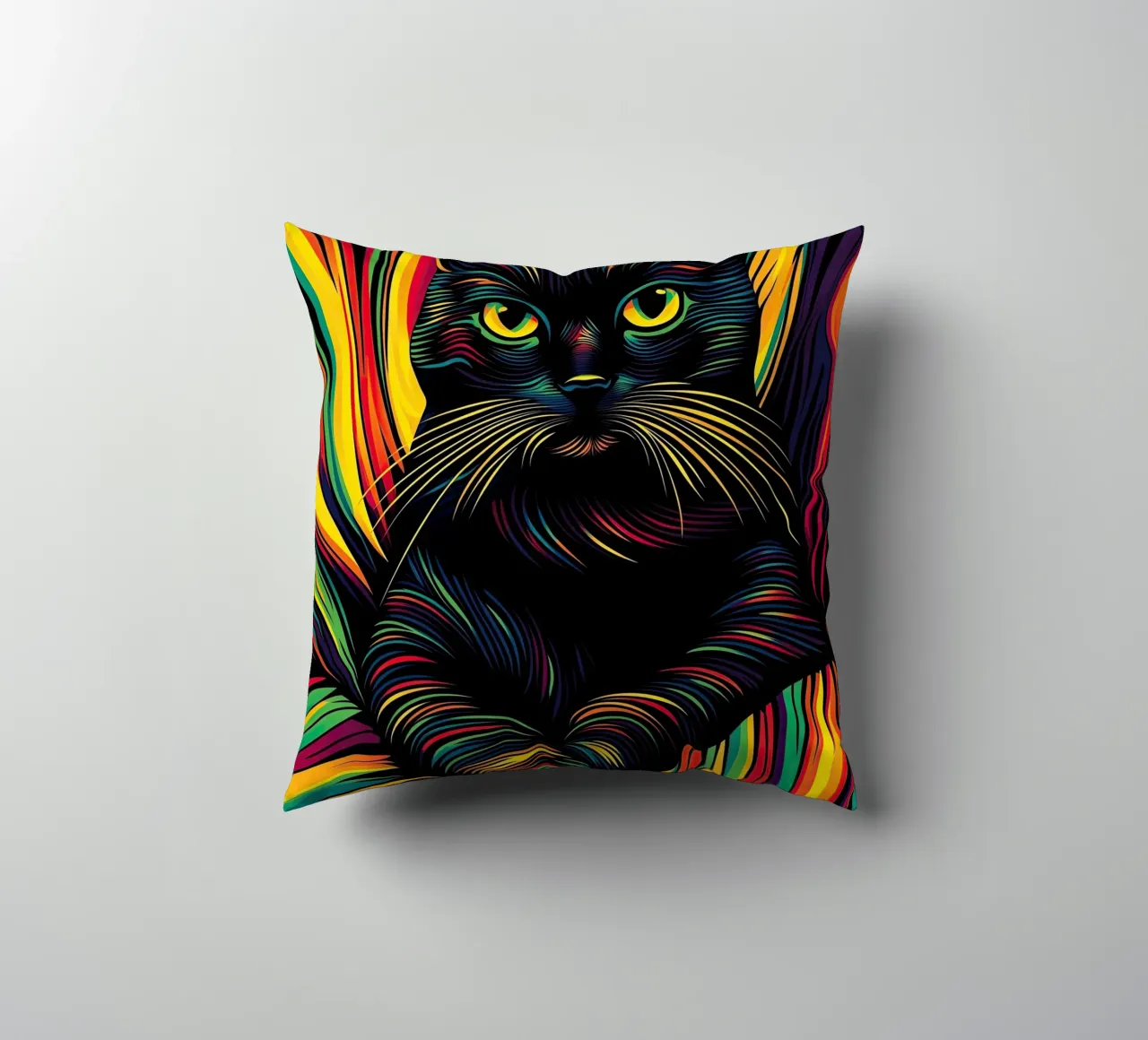 Psychedelic cat with colourful stripe pattern decorative cushion by Autofocus