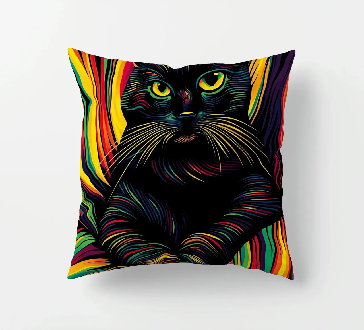 Psychedelic cat with colourful stripe pattern decorative cushion by Autofocus
