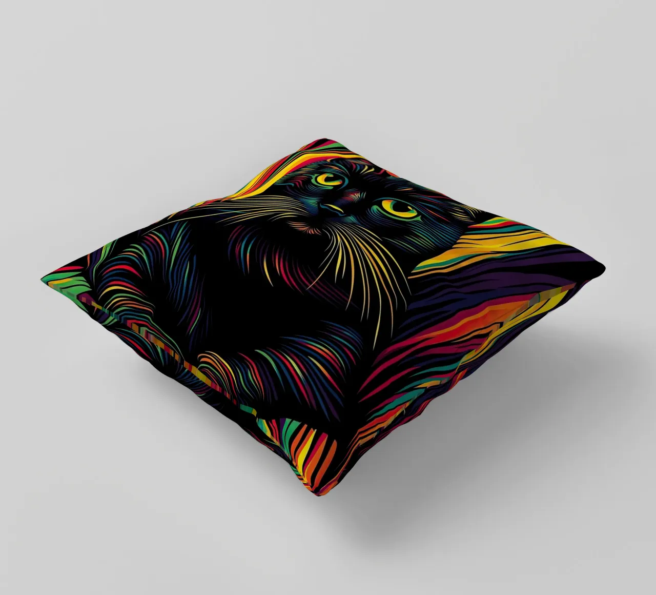 Psychedelic cat with colourful stripe pattern decorative cushion by Autofocus