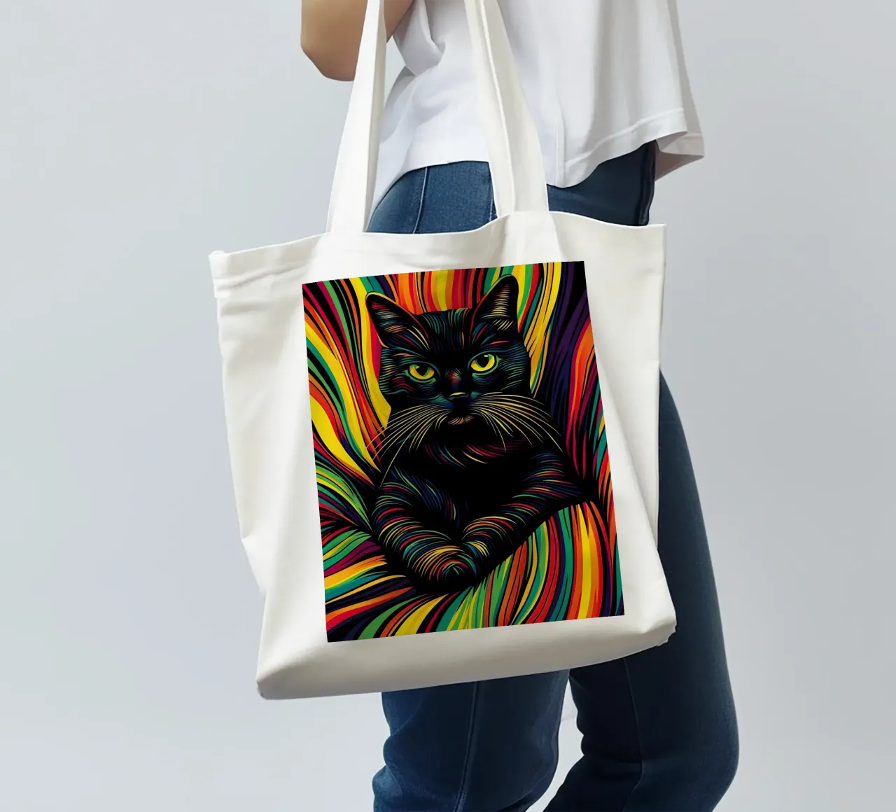 Psychedelic cat with colourful stripe pattern tote bag by Autofocus