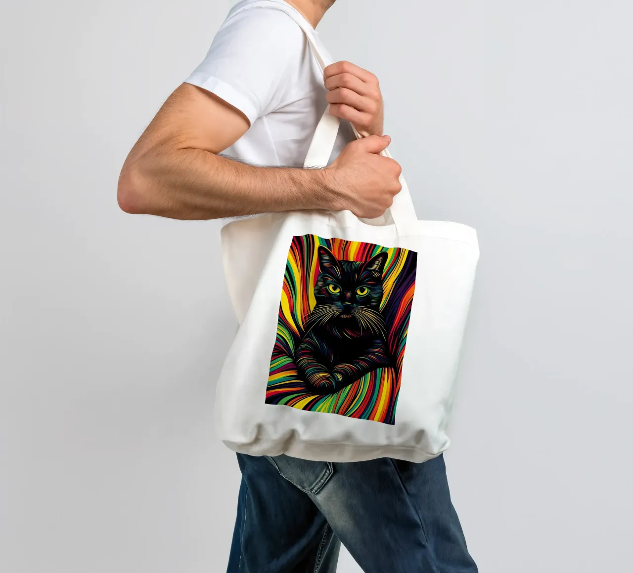 Psychedelic cat with colourful stripe pattern tote bag by Autofocus