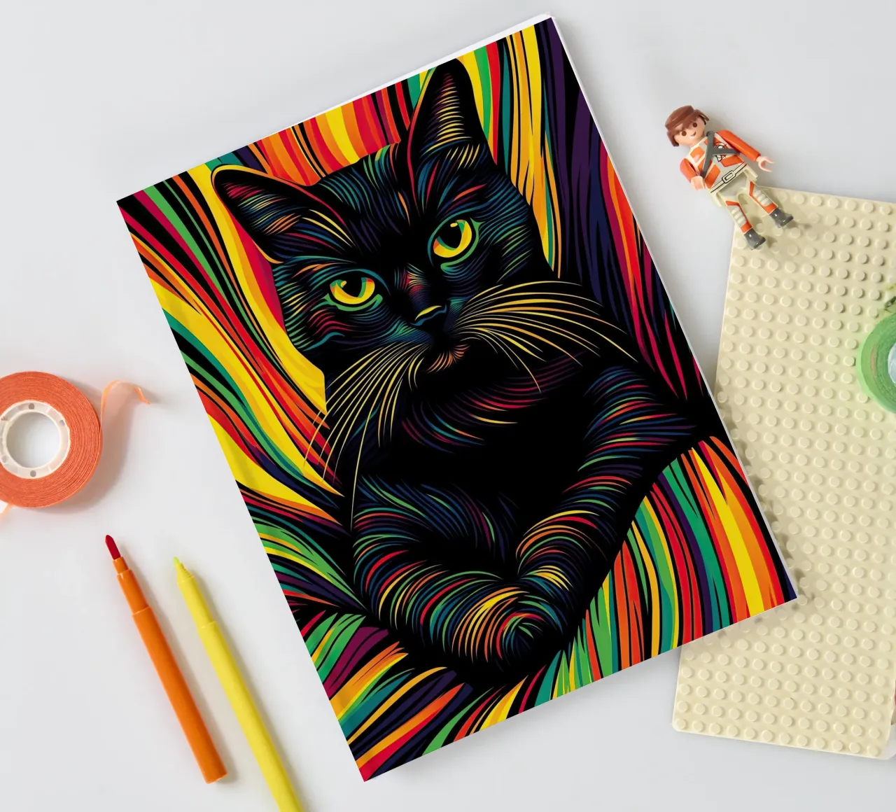 Psychedelic cat with colourful stripe pattern notebook by Autofocus