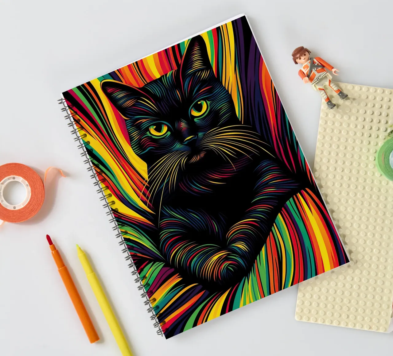 Psychedelic cat with colourful stripe pattern spiral notebook by Autofocus