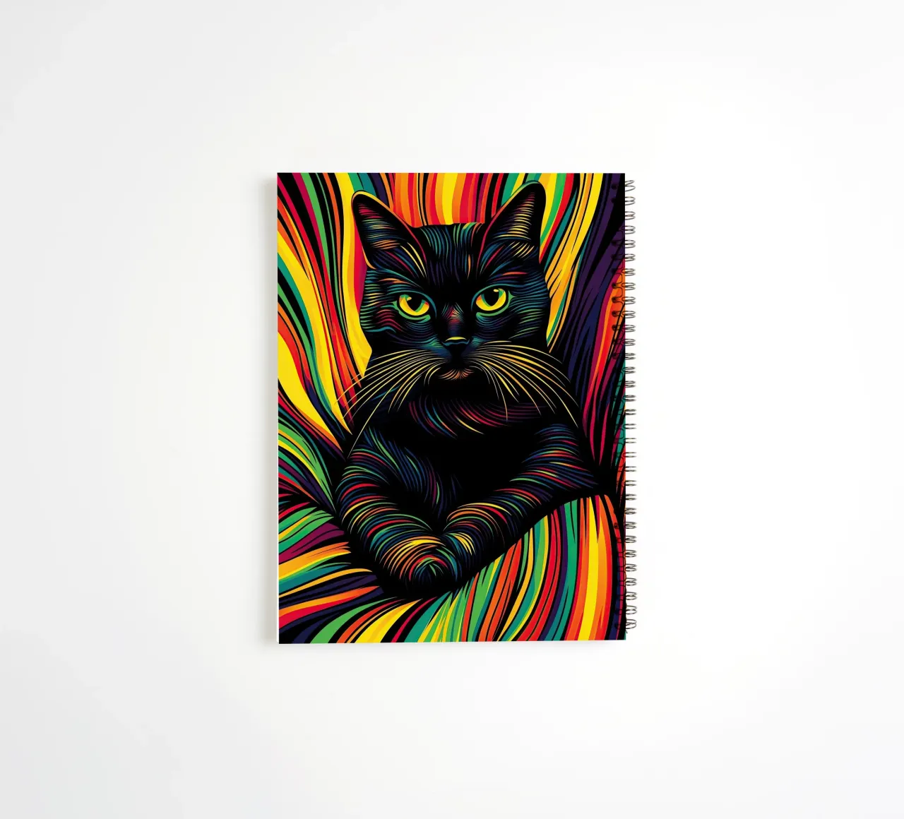 Psychedelic cat with colourful stripe pattern spiral notebook by Autofocus