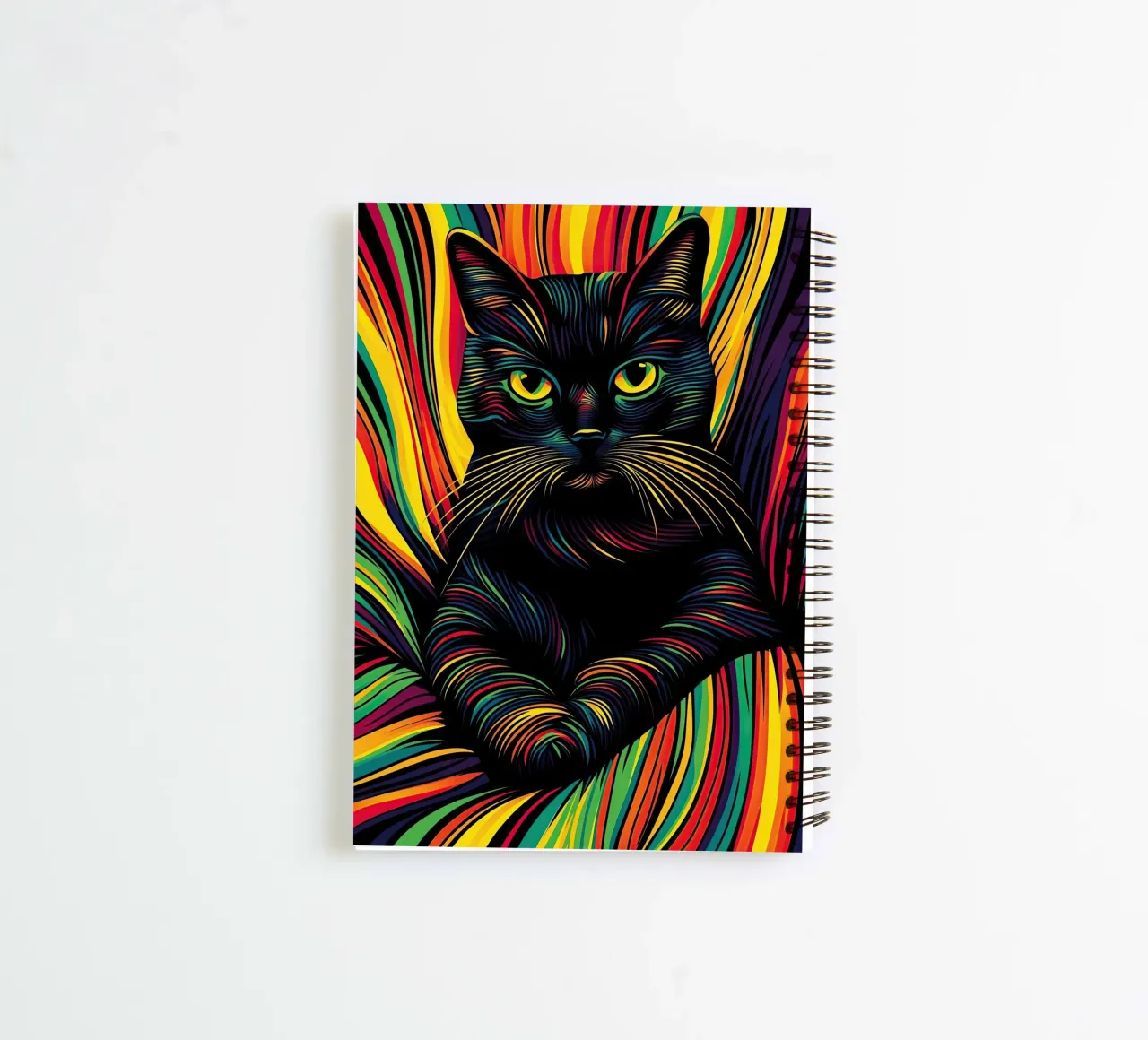 Psychedelic cat with colourful stripe pattern spiral notebook by Autofocus