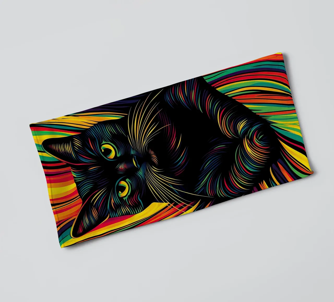 Psychedelic cat with colourful stripe pattern towel by Autofocus