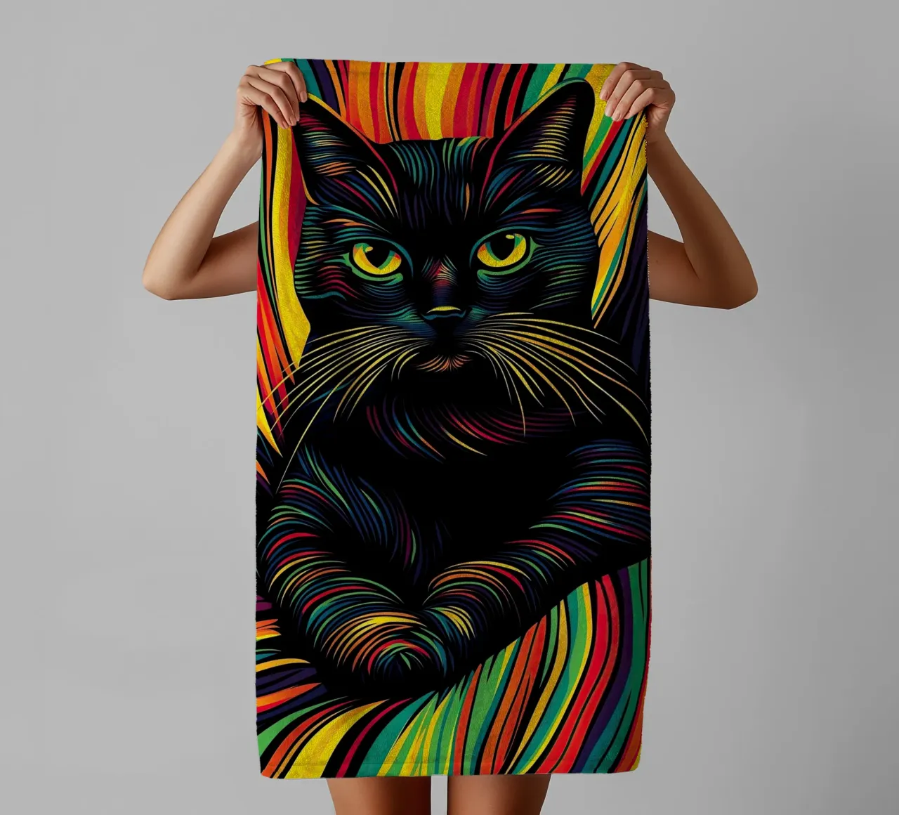 Psychedelic cat with colourful stripe pattern towel by Autofocus