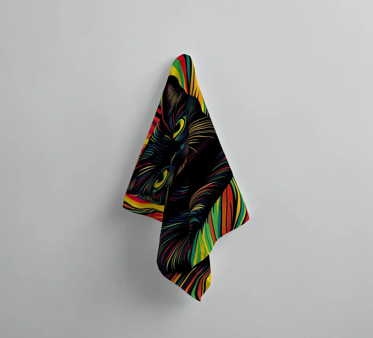 Psychedelic cat with colourful stripe pattern towel by Autofocus