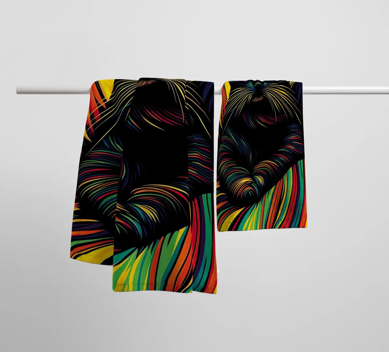 Psychedelic cat with colourful stripe pattern towel by Autofocus