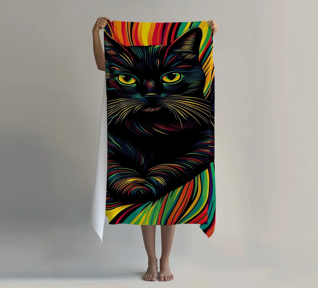 Psychedelic cat with colourful stripe pattern beach towel by Autofocus