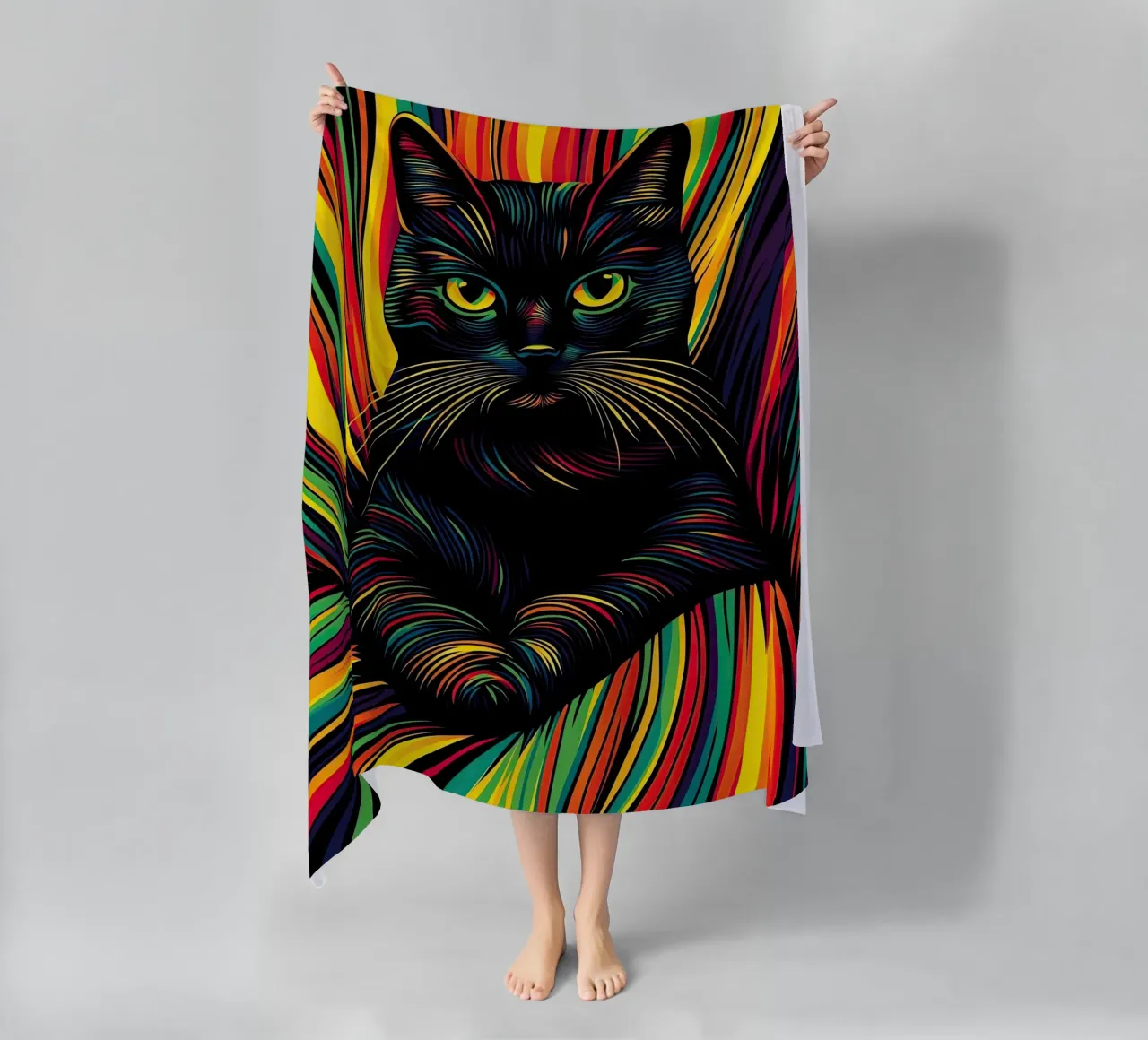 Psychedelic cat with colourful stripe pattern beach towel by Autofocus