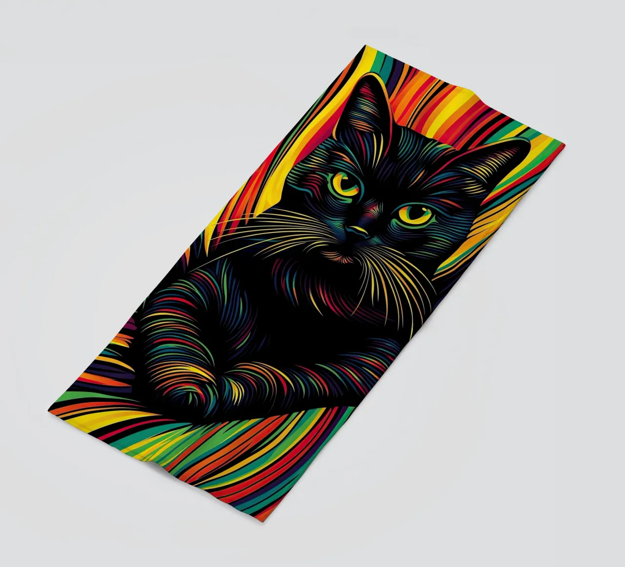 Psychedelic cat with colourful stripe pattern beach towel by Autofocus