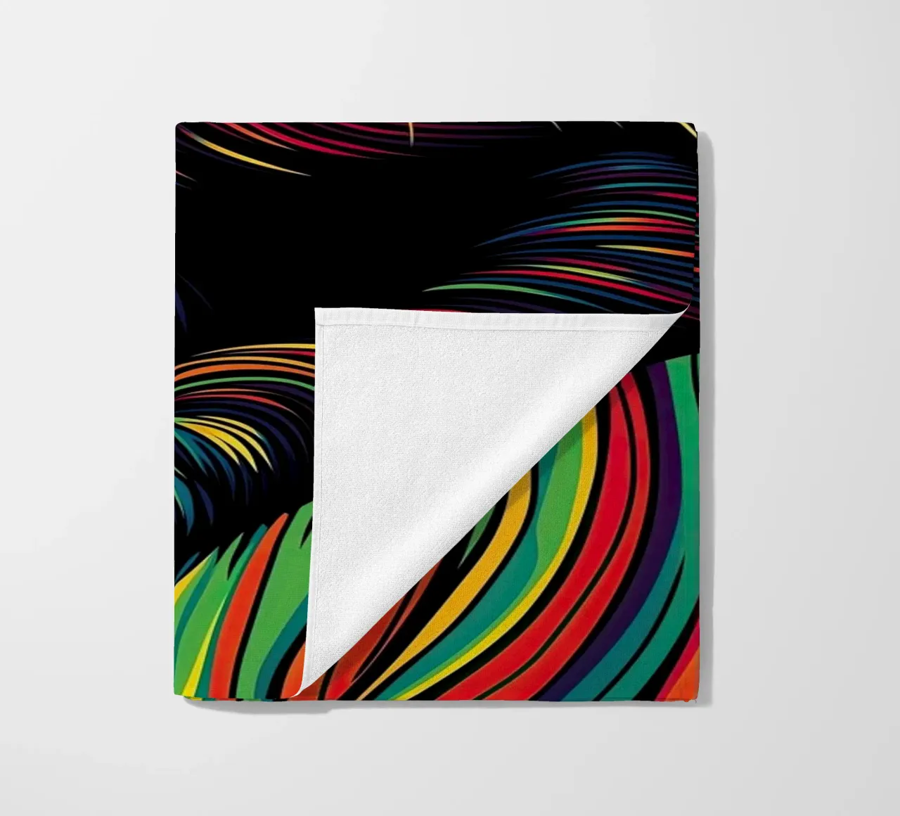 Psychedelic cat with colourful stripe pattern beach towel by Autofocus