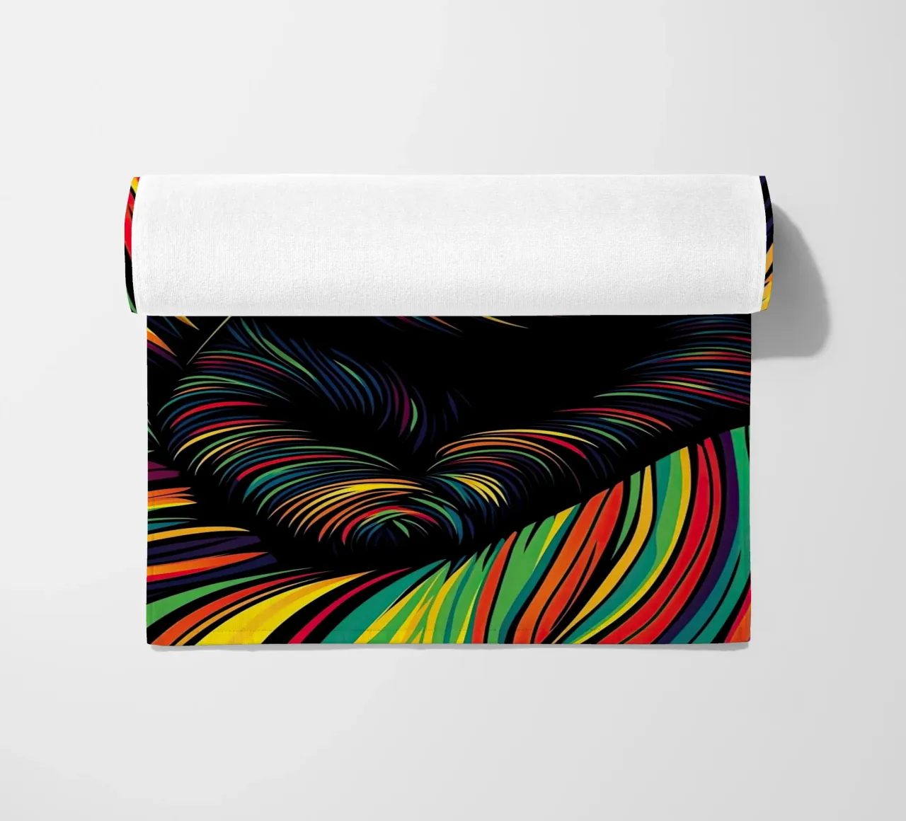 Psychedelic cat with colourful stripe pattern beach towel by Autofocus