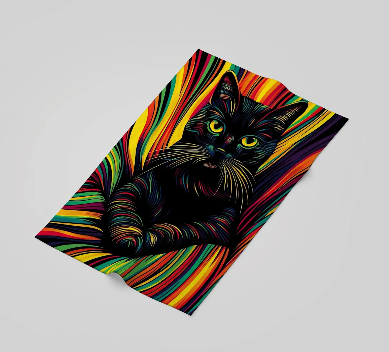 Psychedelic cat with colourful stripe pattern beach towel by Autofocus