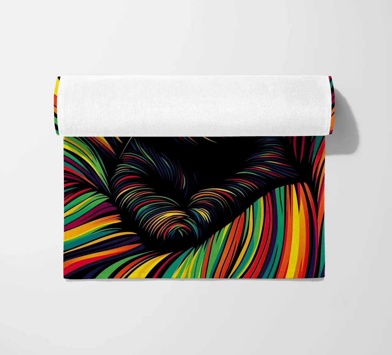Psychedelic cat with colourful stripe pattern beach towel by Autofocus