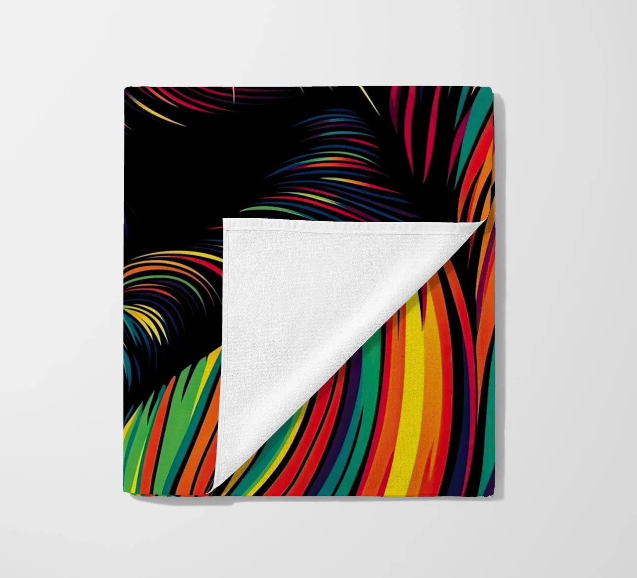 Psychedelic cat with colourful stripe pattern beach towel by Autofocus