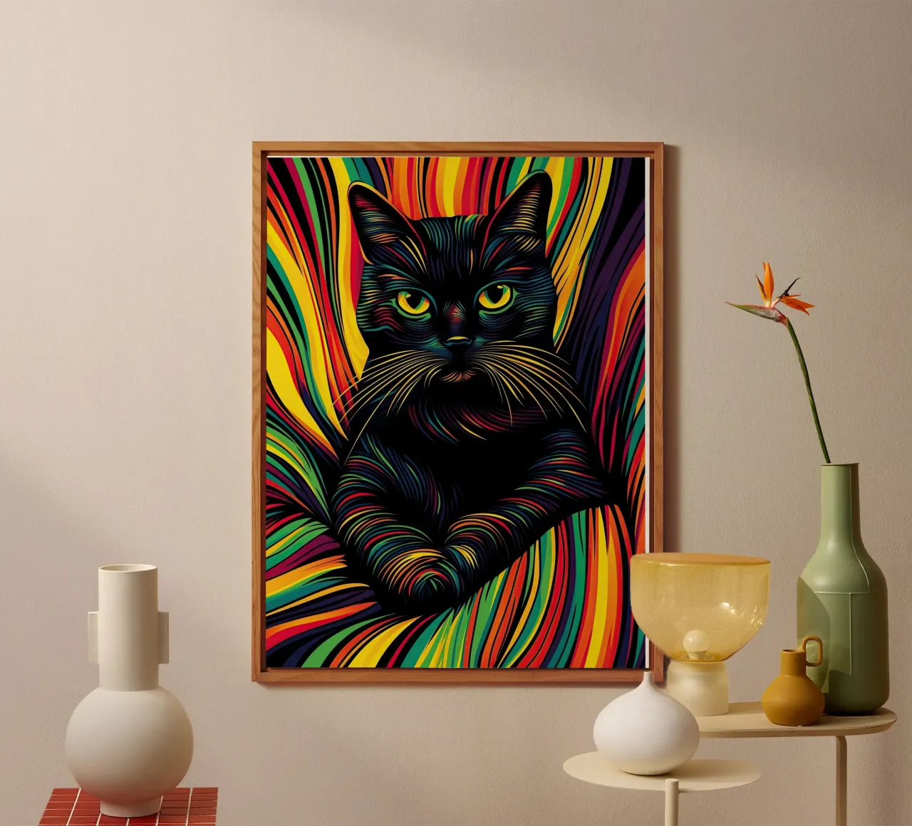Psychedelic cat with colourful stripe pattern alu-dibond by Autofocus