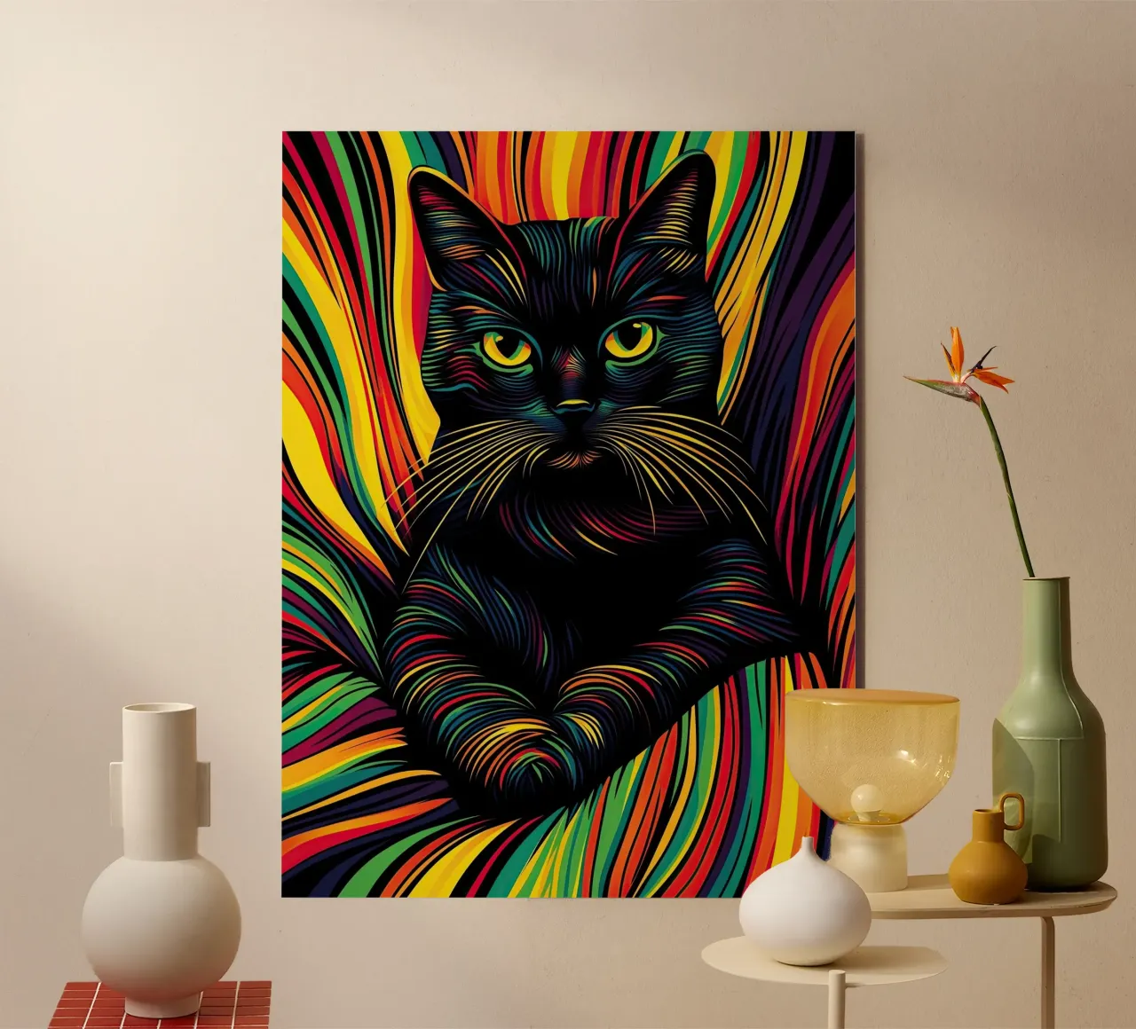 Psychedelic cat with colourful stripe pattern alu-dibond by Autofocus