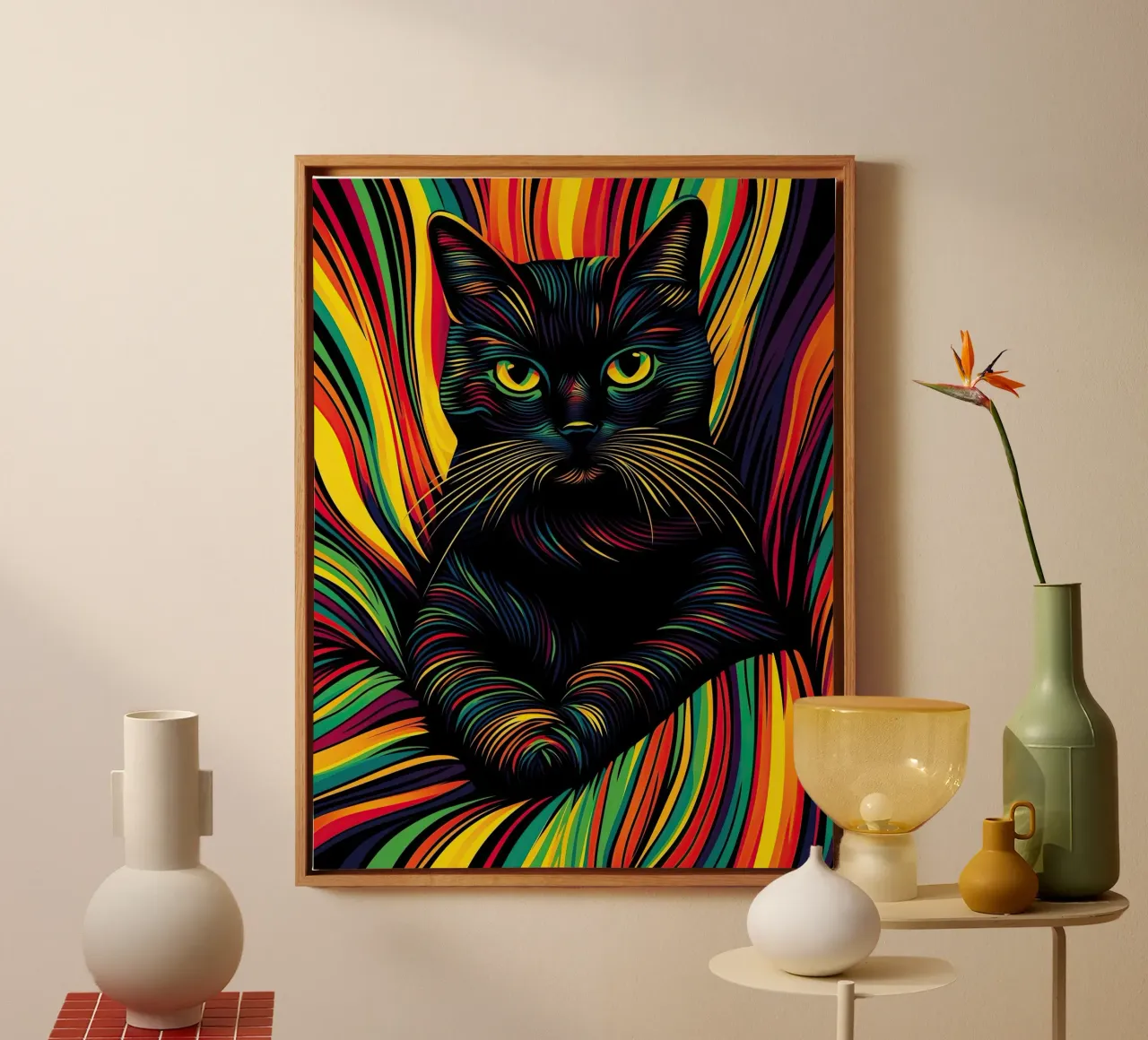 Psychedelic cat with colourful stripe pattern canvas by Autofocus