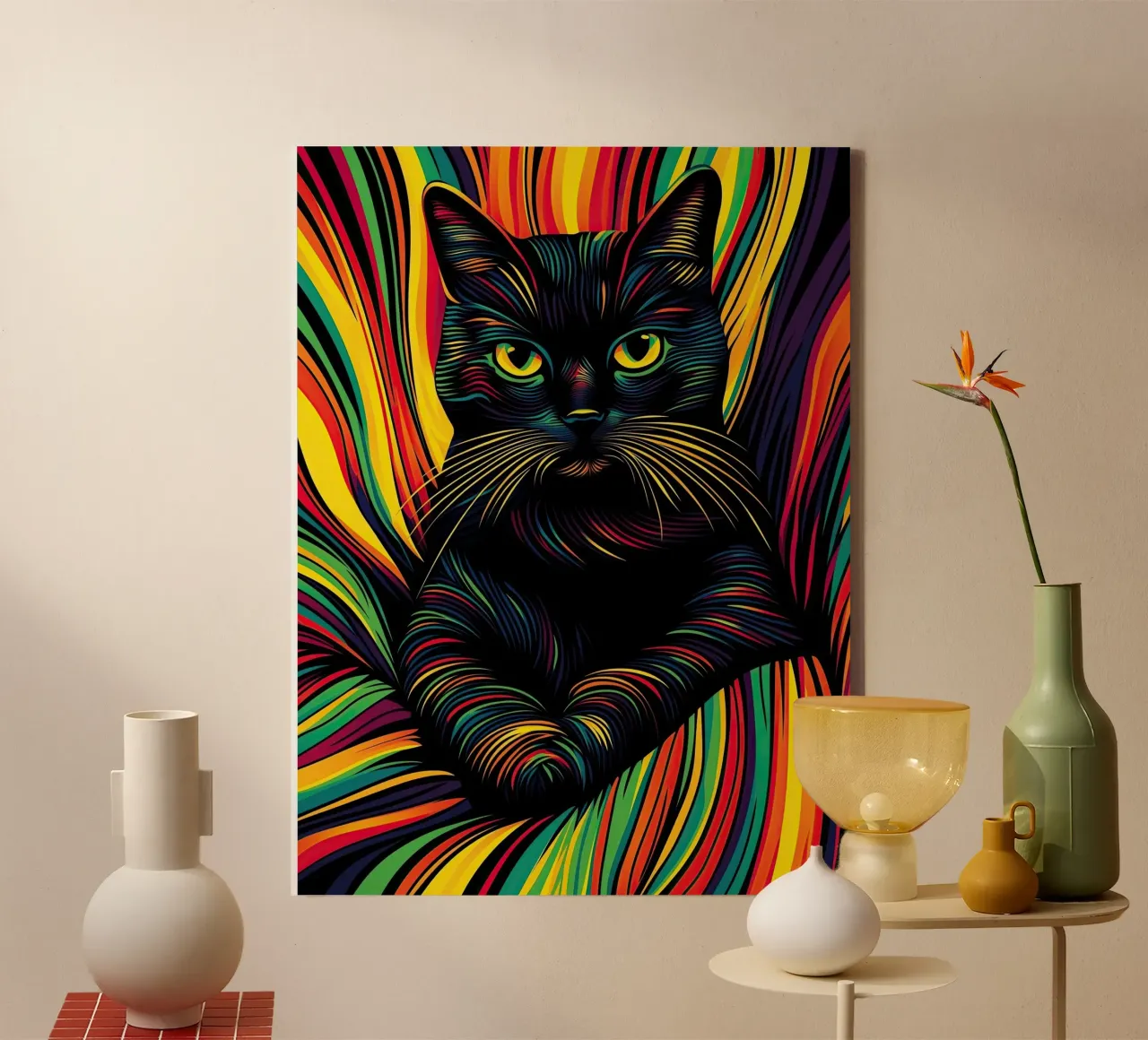 Psychedelic cat with colourful stripe pattern canvas by Autofocus