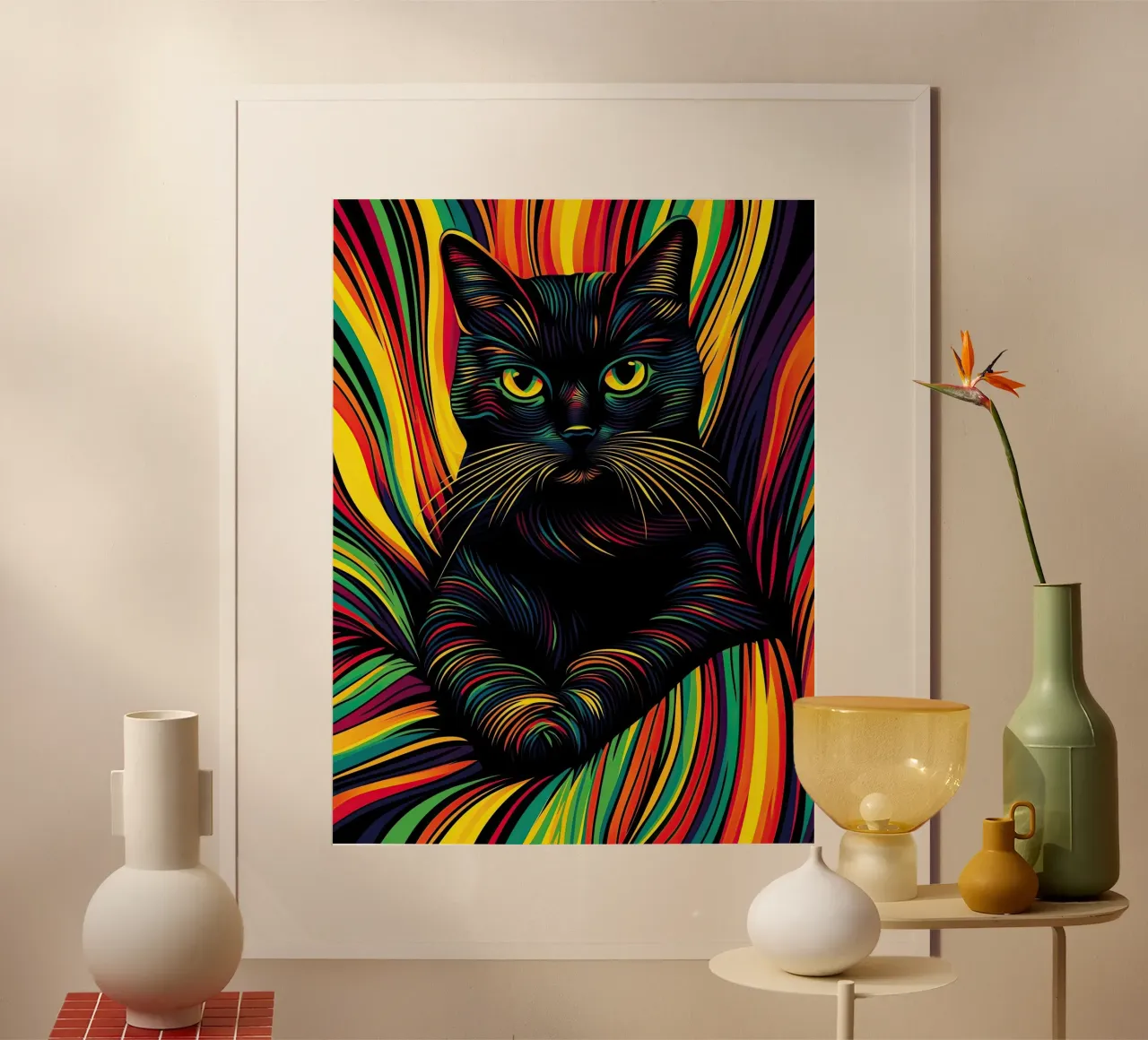 Psychedelic cat with colourful stripe pattern hahnemühle by Autofocus