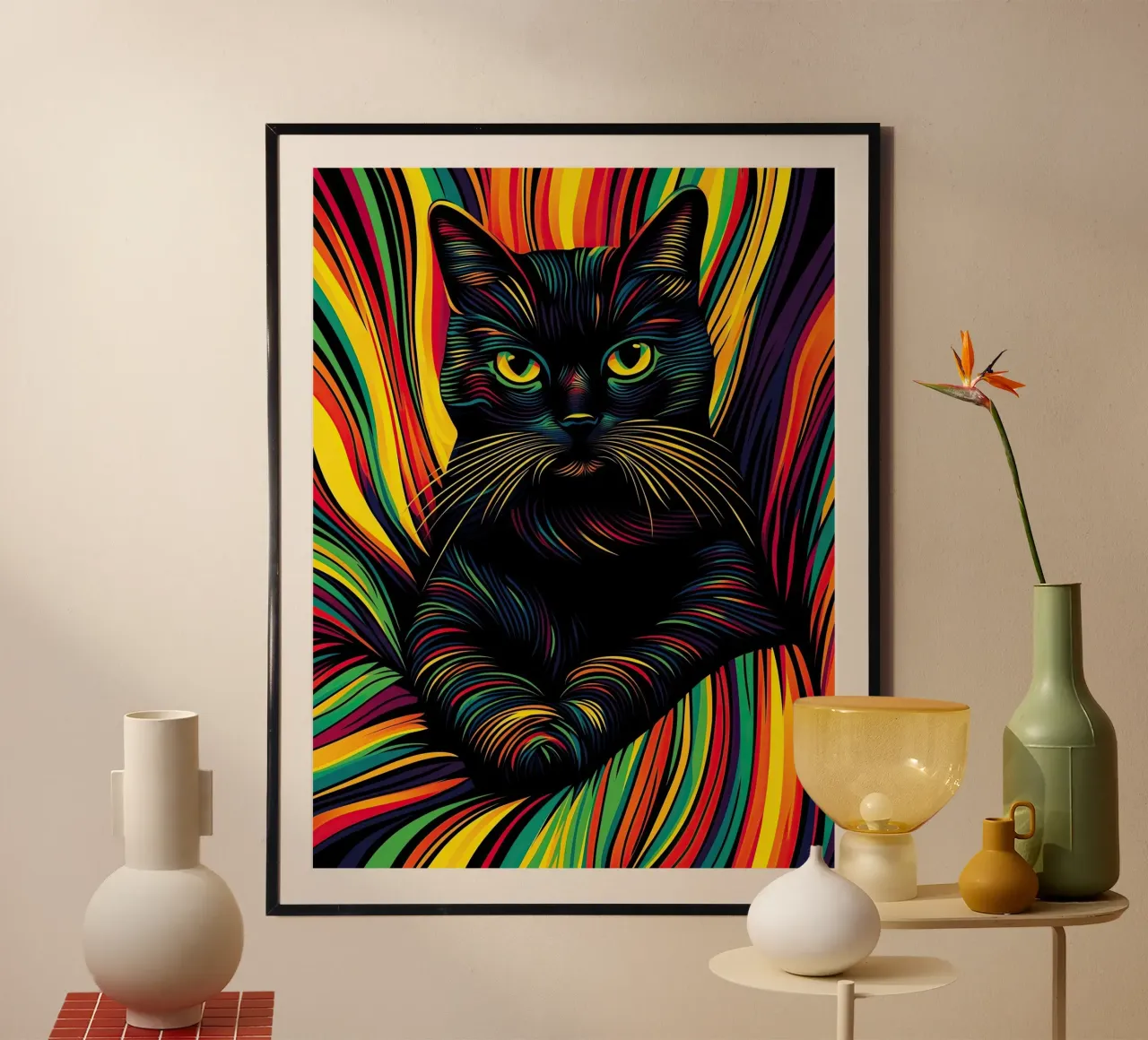Psychedelic cat with colourful stripe pattern hahnemühle by Autofocus