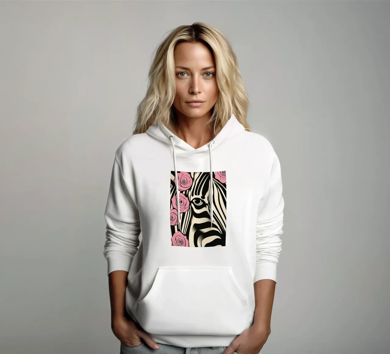 Ritratto di zebra con rose rosa | Pop Art decorativa felpa con cappuccio da Autofocus