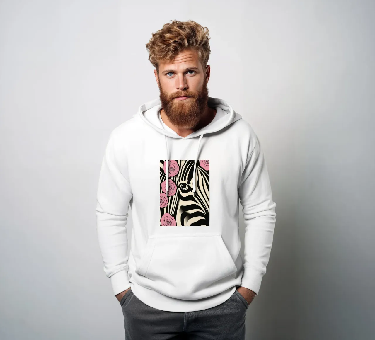 Ritratto di zebra con rose rosa | Pop Art decorativa felpa con cappuccio da Autofocus