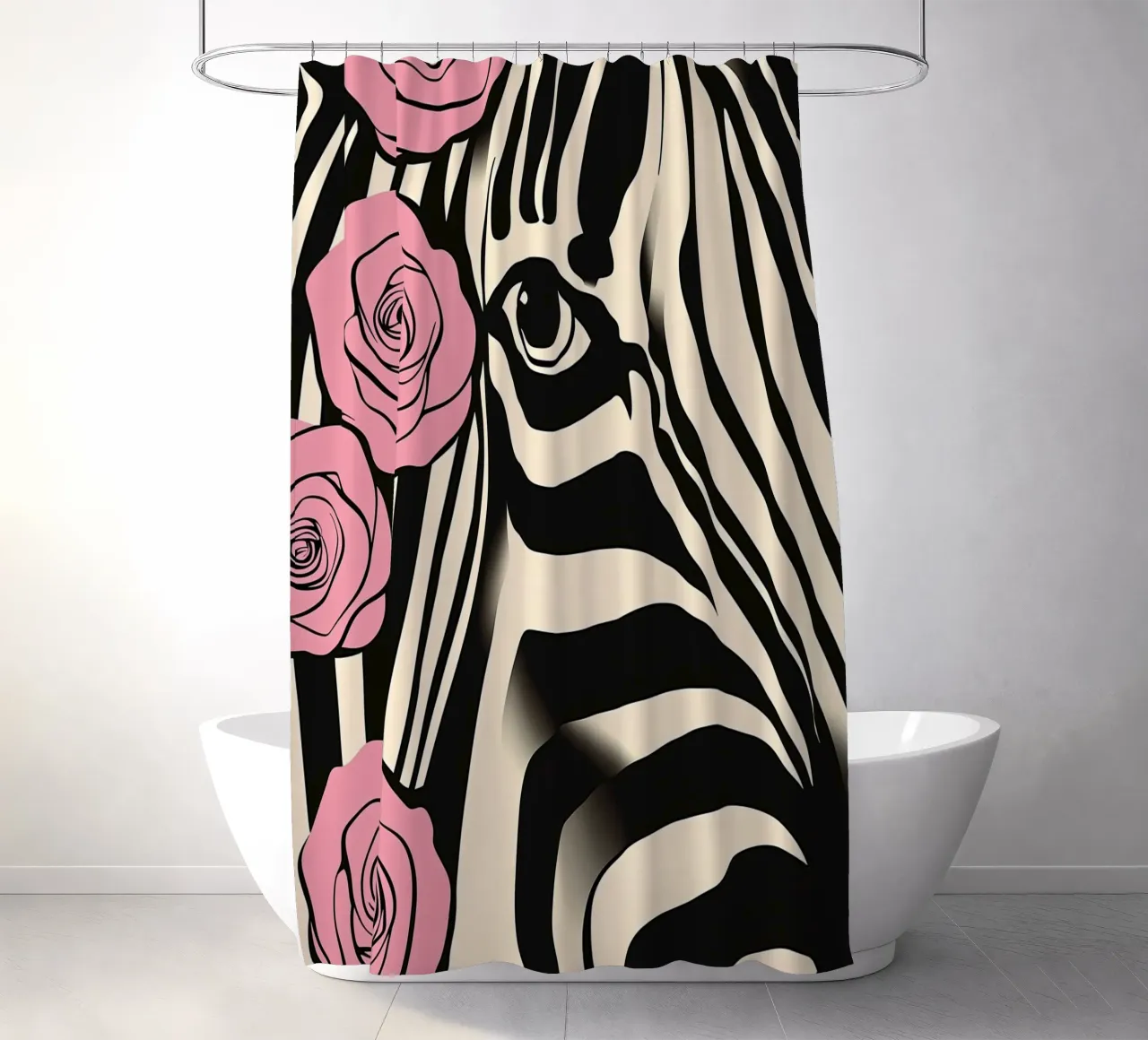 Ritratto di zebra con rose rosa | Pop Art decorativa tenda da doccia da Autofocus