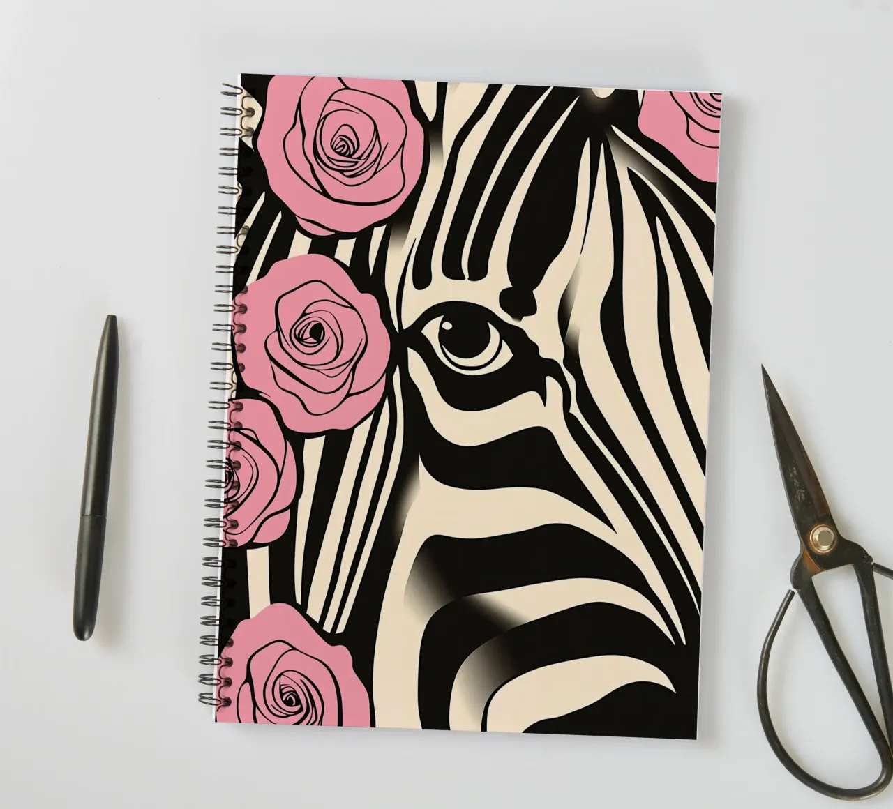Ritratto di zebra con rose rosa | Pop Art decorativa diario ad anelli da Autofocus