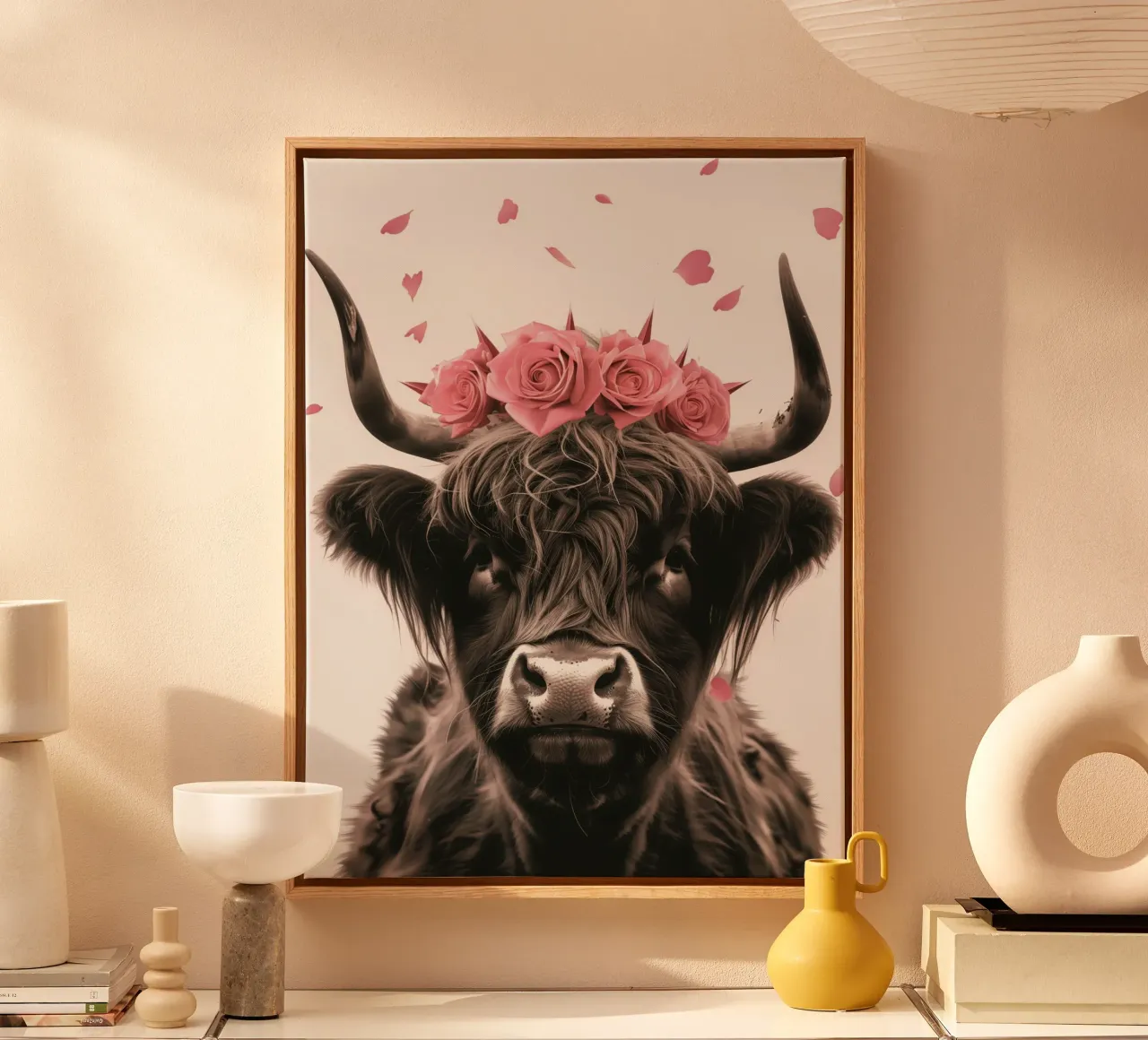 Cool Schots Hoogland vee met roze rozen canvas met Baklijst van Autofocus