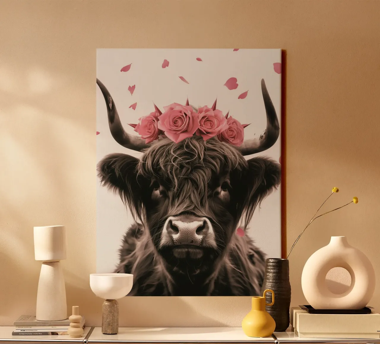 Cool Schots Hoogland vee met roze rozen canvas met Baklijst van Autofocus