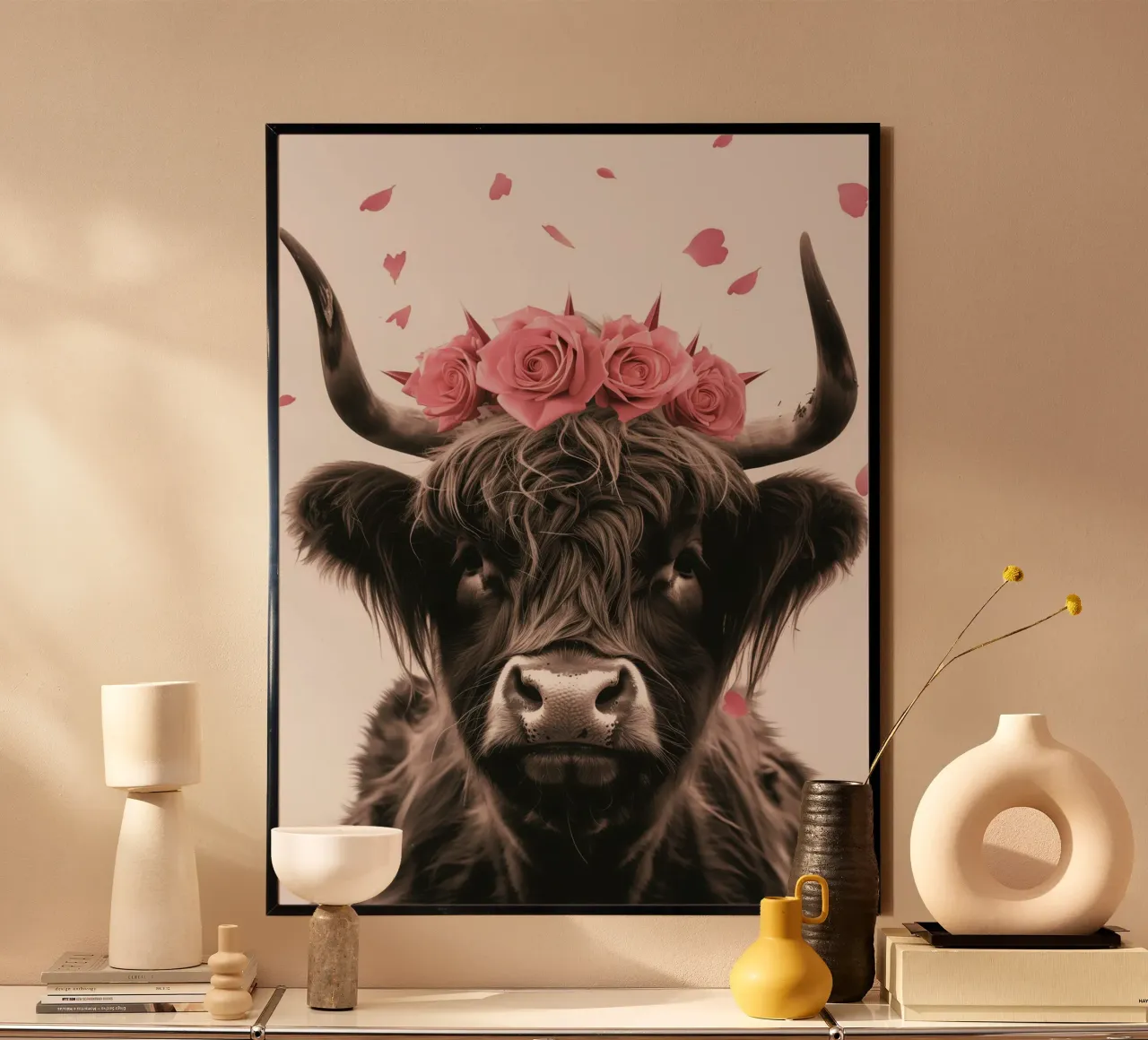 Bovino scozzese fresco delle Highland con rose rosa poster con telaio in plastica da Autofocus