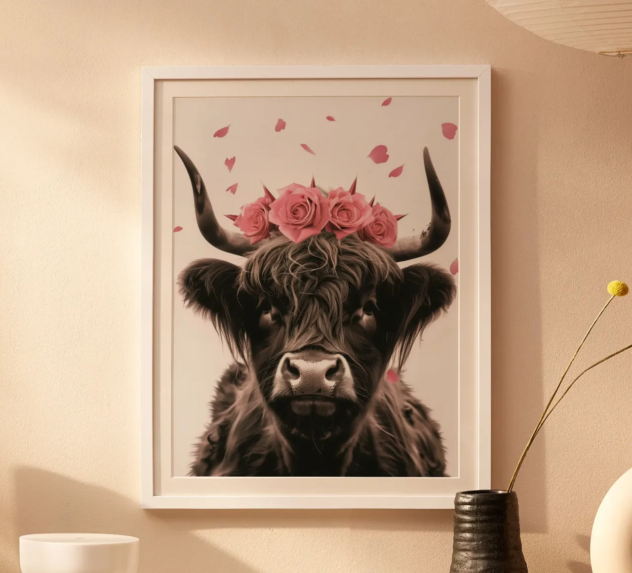 Bovino scozzese fresco delle Highland con rose rosa poster con telaio in plastica da Autofocus