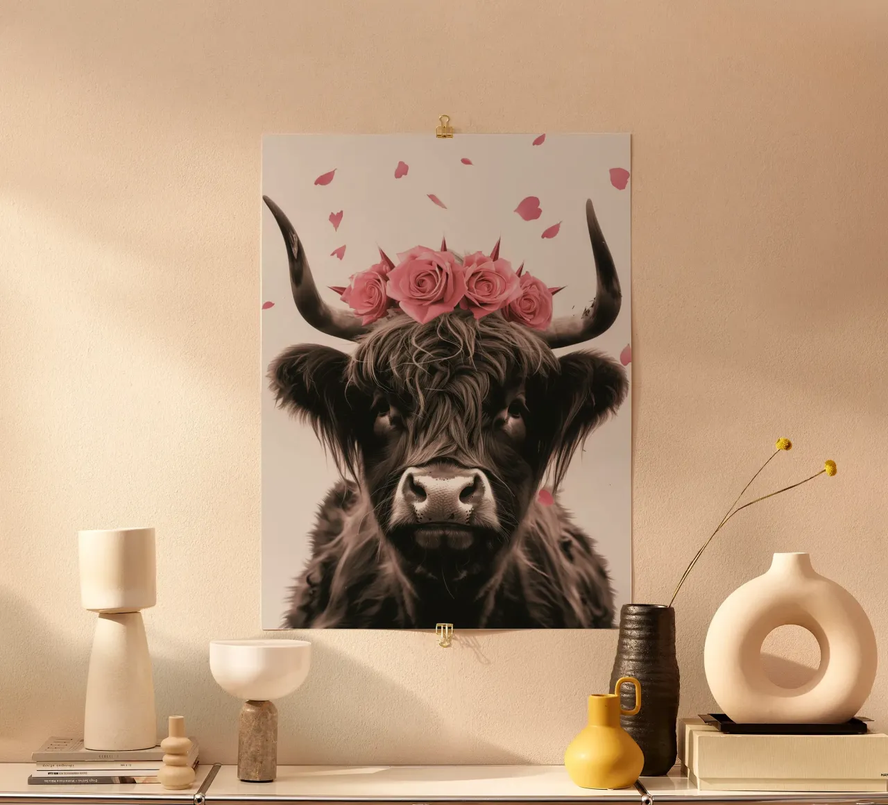 Bovino scozzese fresco delle Highland con rose rosa poster con telaio in plastica da Autofocus