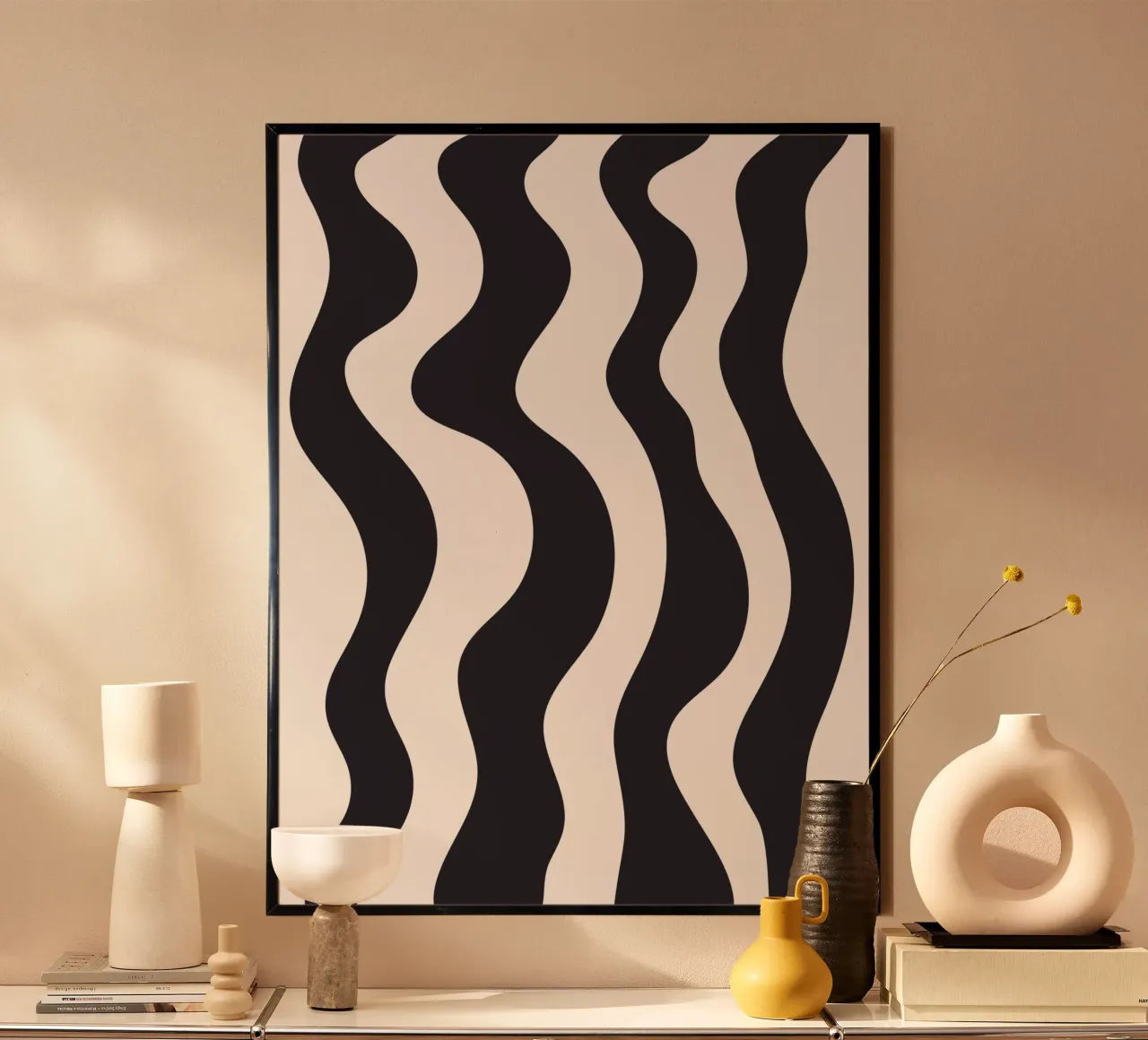 Wavy BW poster con telaio in legno da Bytenar