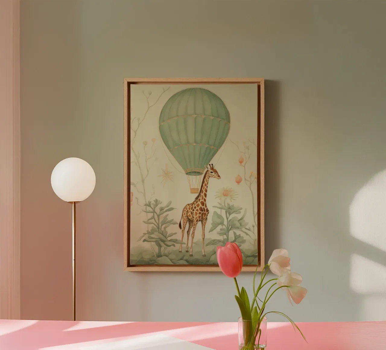 Giraffa con mongolfiera tela con Cornice a cassetta da IamHomeStudio
