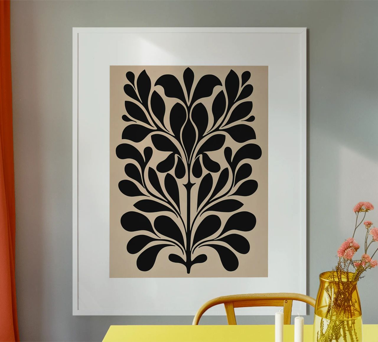 Mid Century Beige Schwarz Botanisch Poster von Olga Wildrose